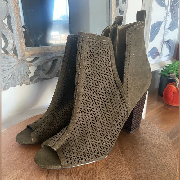 Olive Green Peep Toe Booties - JustFab - Picture 1 of 4